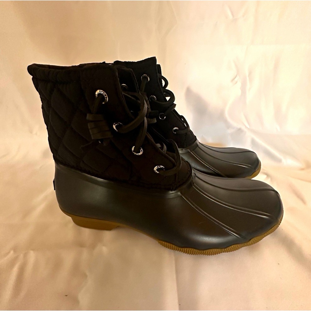 Sperry Women's Black Lace-Up Quilted Lined Duck Boots Ankle Round Toe US 4